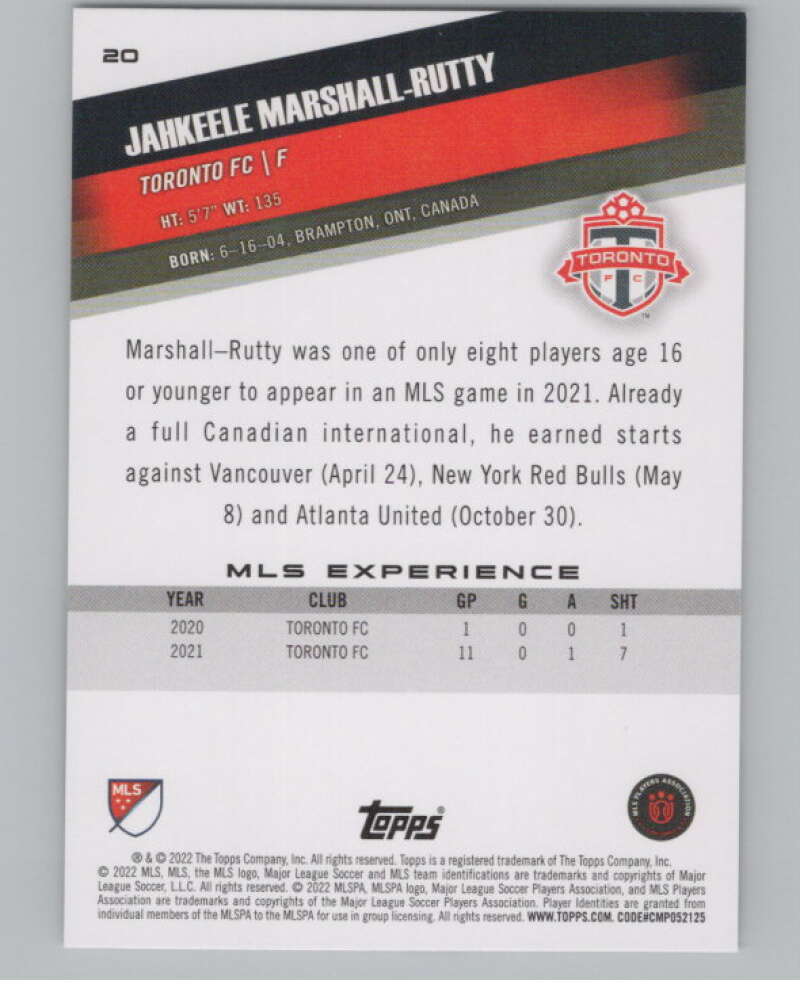 2022 Topps MLS Soccer #20 Jahkeele Marshall-Rutty  Toronto FC  V97531 Image 2