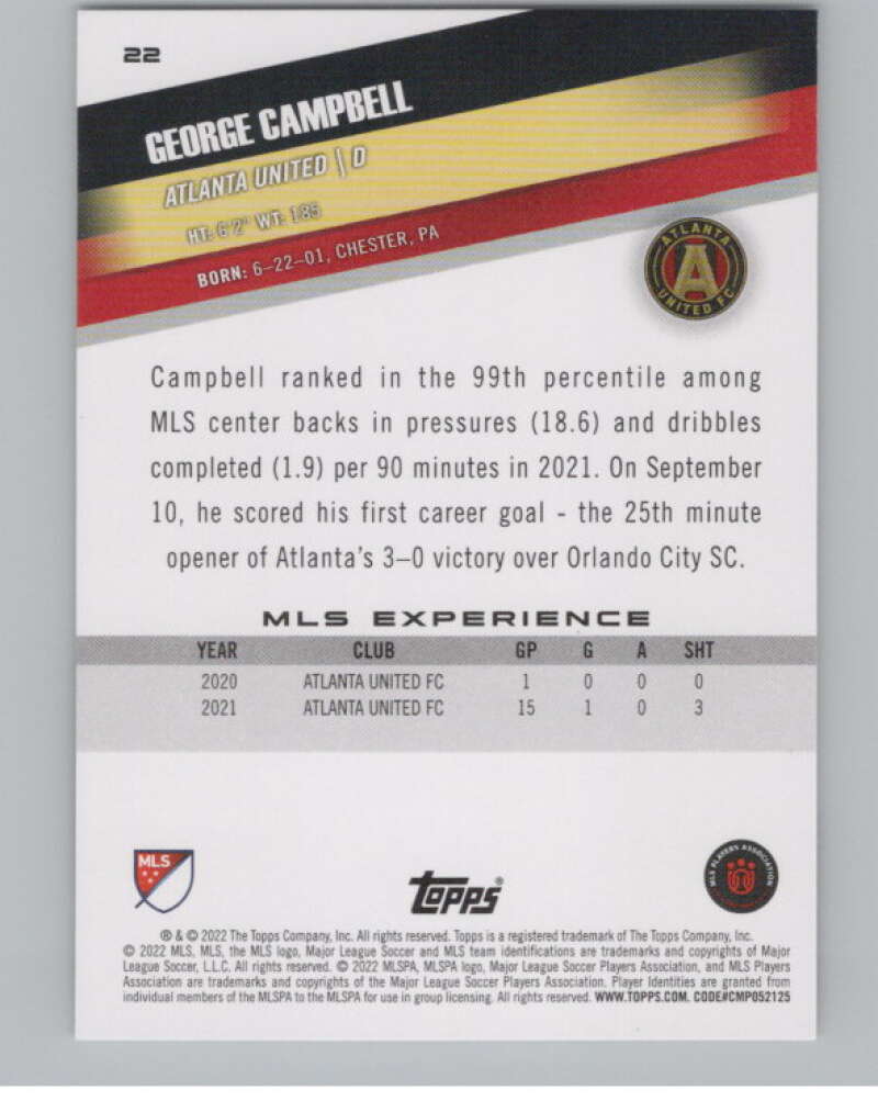 2022 Topps MLS Soccer #22 George Campbell  Atlanta United  V97535 Image 2