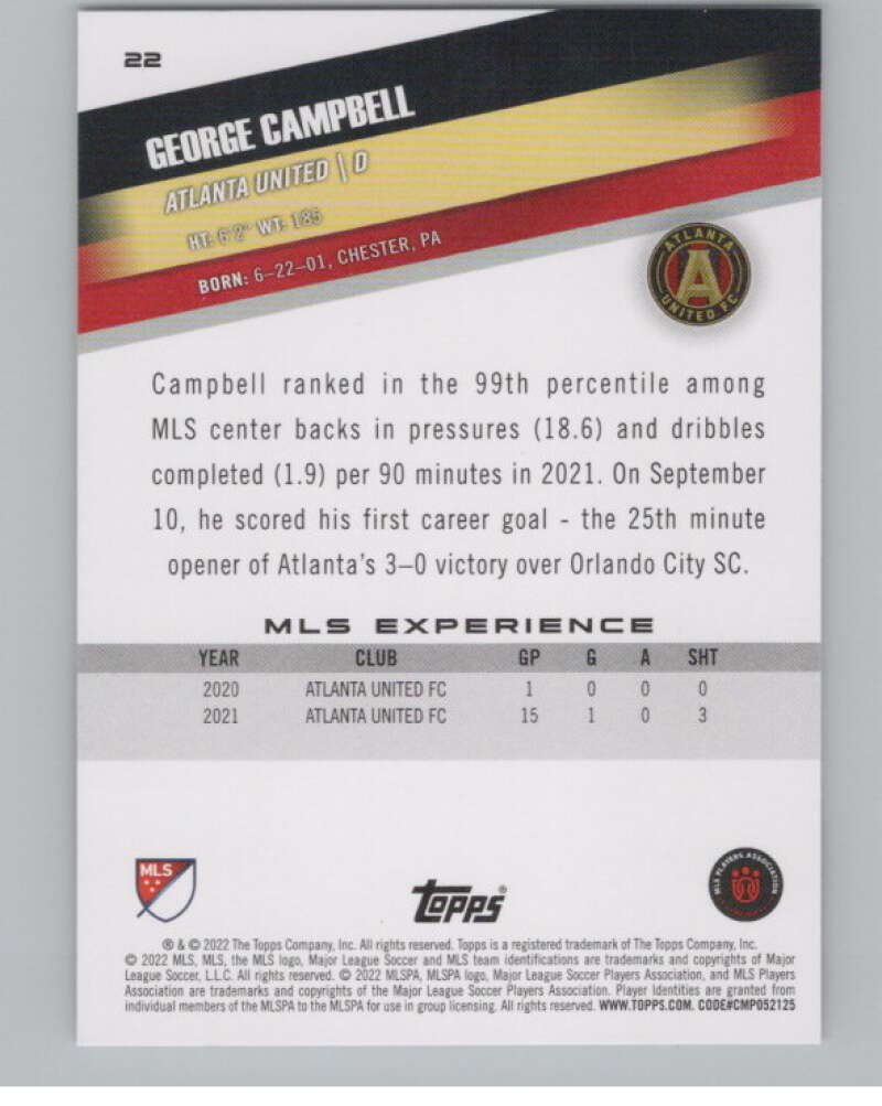 2022 Topps MLS Soccer #22 George Campbell  Atlanta United  V97536 Image 2