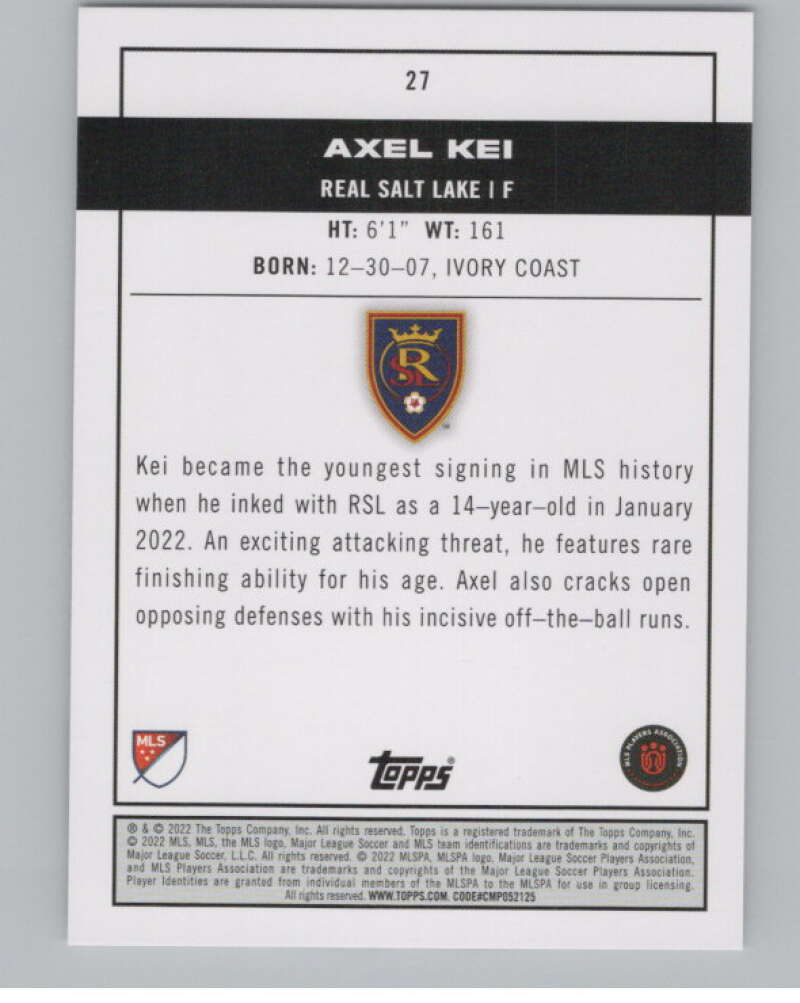 2022 Topps MLS Soccer #27 Axel Kei  RC Rookie Real Salt Lake  V97545 Image 2