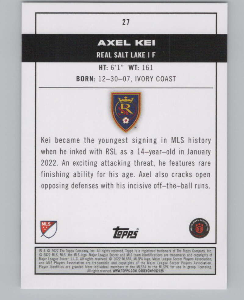2022 Topps MLS Soccer #27 Axel Kei  RC Rookie Real Salt Lake  V97546 Image 2