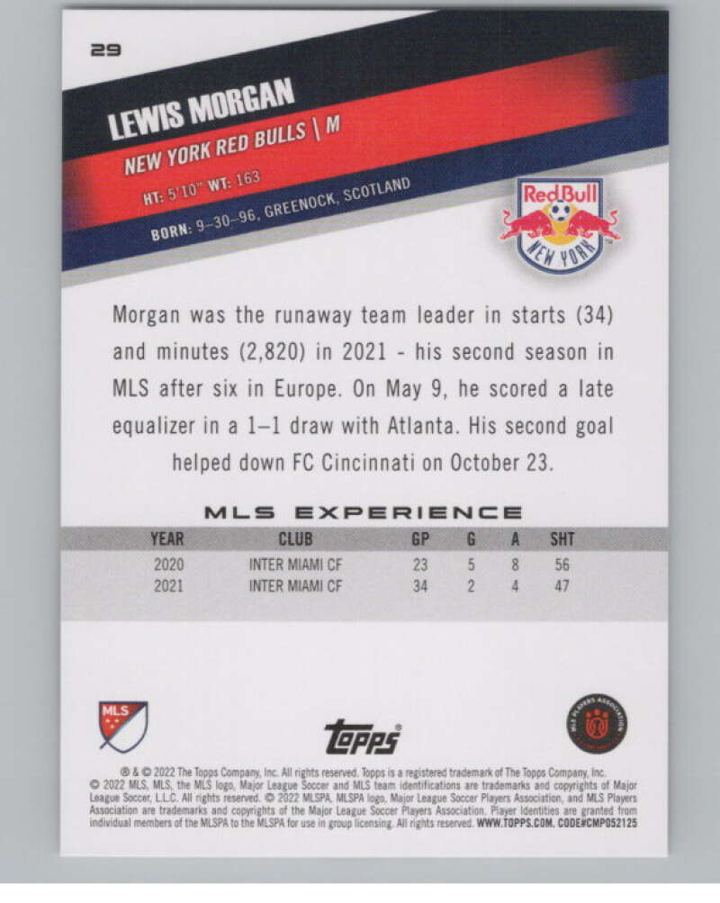 2022 Topps MLS Soccer #29 Lewis Morgan  New York Red Bulls  V97548 Image 2