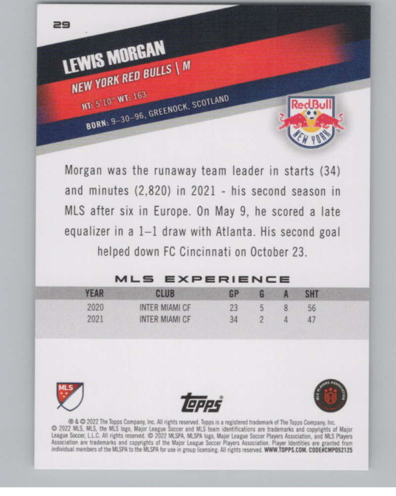 2022 Topps MLS Soccer #29 Lewis Morgan  New York Red Bulls  V97549 Image 2