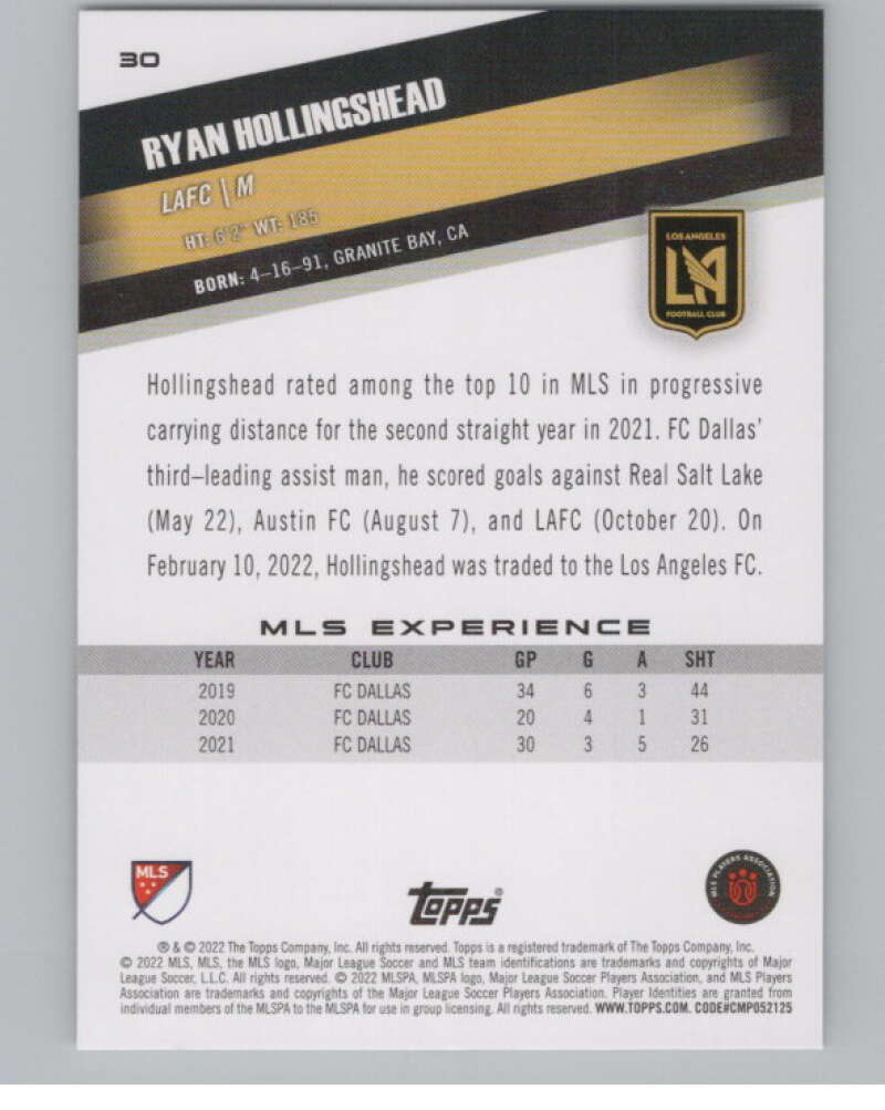 2022 Topps MLS Soccer #30 Ryan Hollingshead  Los Angeles FC  V97552 Image 2