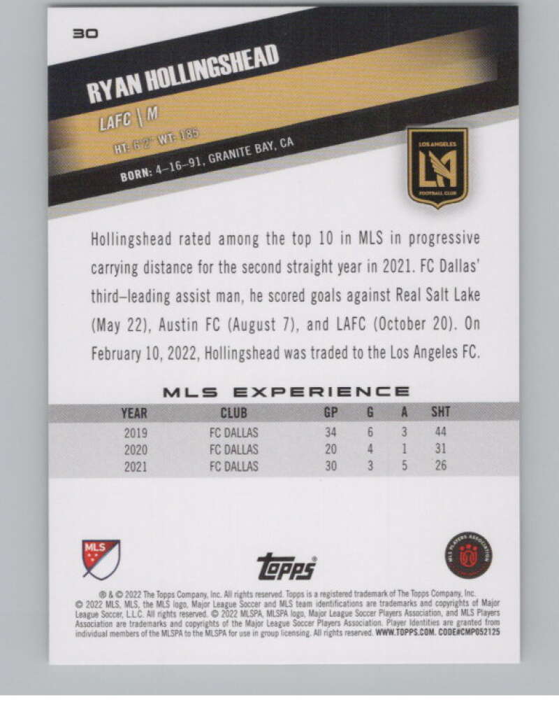 2022 Topps MLS Soccer #30 Ryan Hollingshead  Los Angeles FC  V97553 Image 2