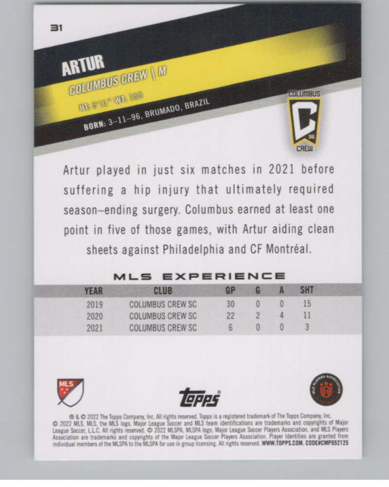 2022 Topps MLS Soccer #31 Artur  Columbus Crew  V97555 Image 2