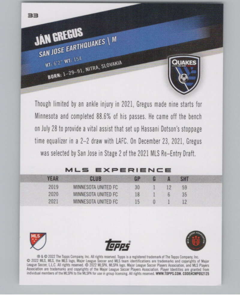 2022 Topps MLS Soccer #33 Jan Gregus  San Jose Earthquakes  V97561 Image 2