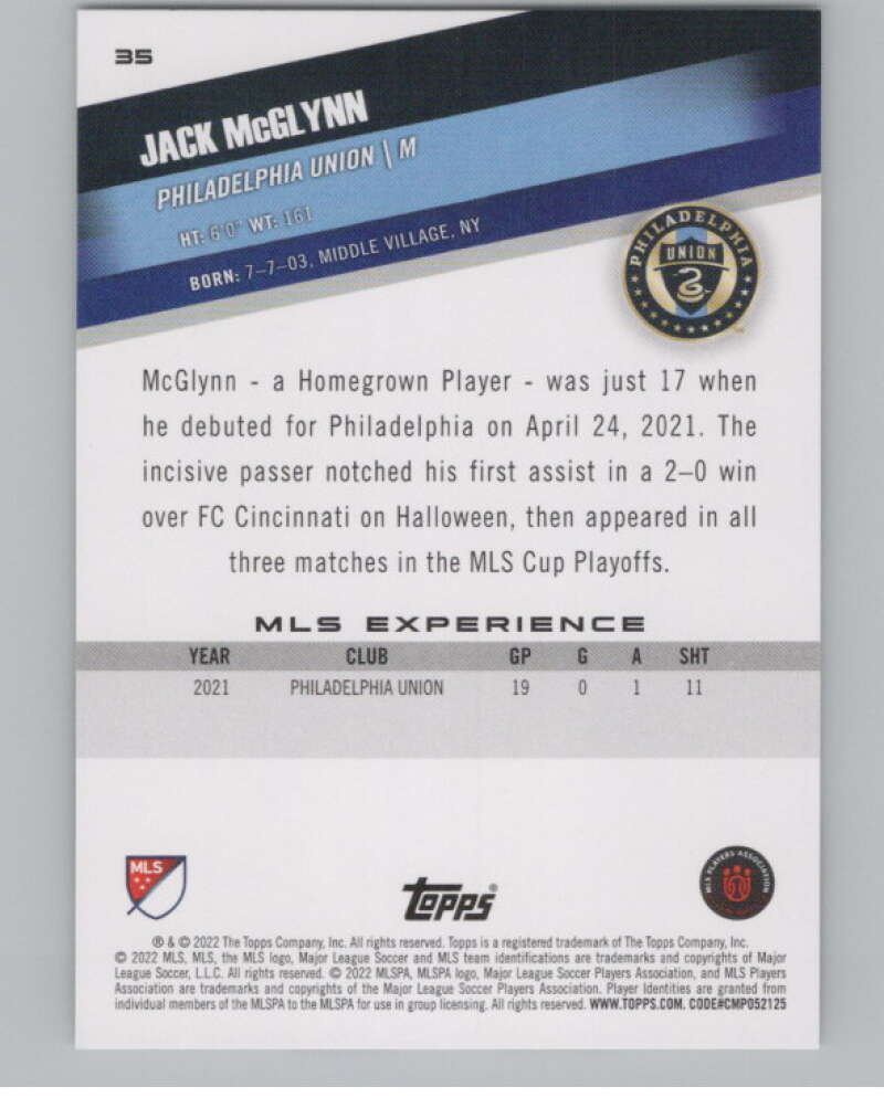 2022 Topps MLS Soccer #35 Jack McGlynn  RC Rookie Philadelphia Union  V97564 Image 2