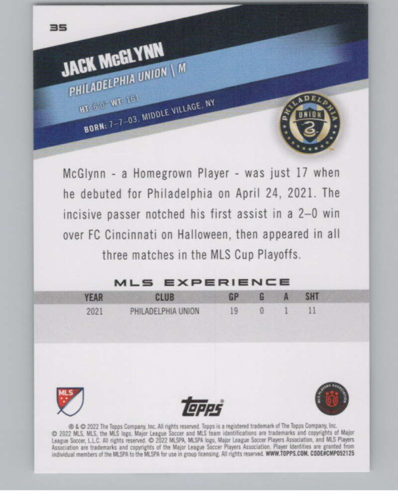 2022 Topps MLS Soccer #35 Jack McGlynn  RC Rookie Philadelphia Union  V97565 Image 2