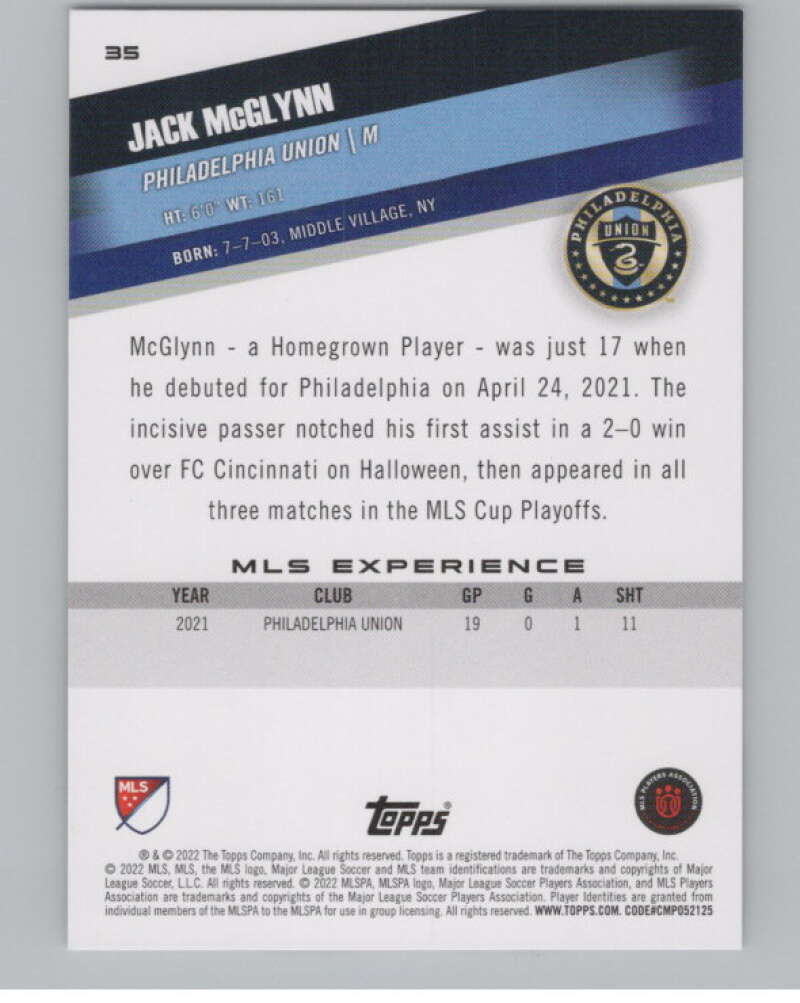 2022 Topps MLS Soccer #35 Jack McGlynn  RC Rookie Philadelphia Union  V97566 Image 2