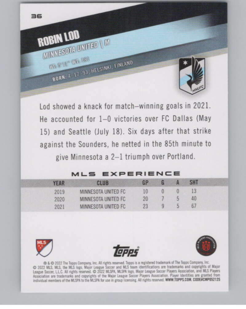 2022 Topps MLS Soccer #36 Robin Lod  Minnesota United  V97568 Image 2