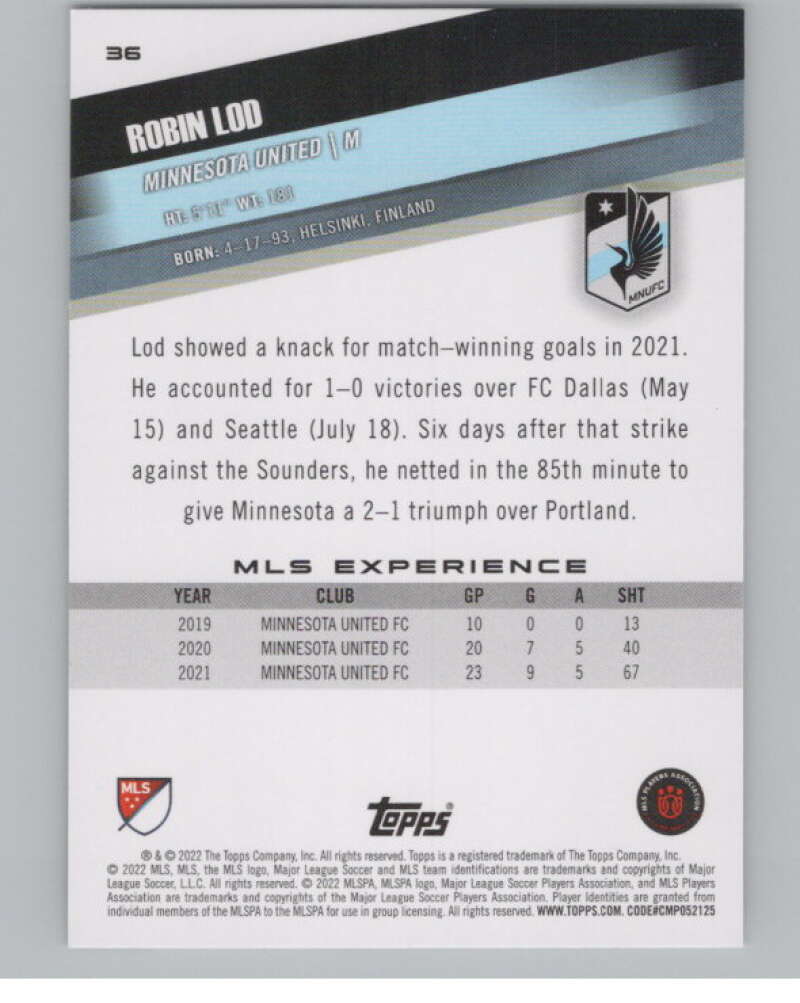 2022 Topps MLS Soccer #36 Robin Lod  Minnesota United  V97569 Image 2