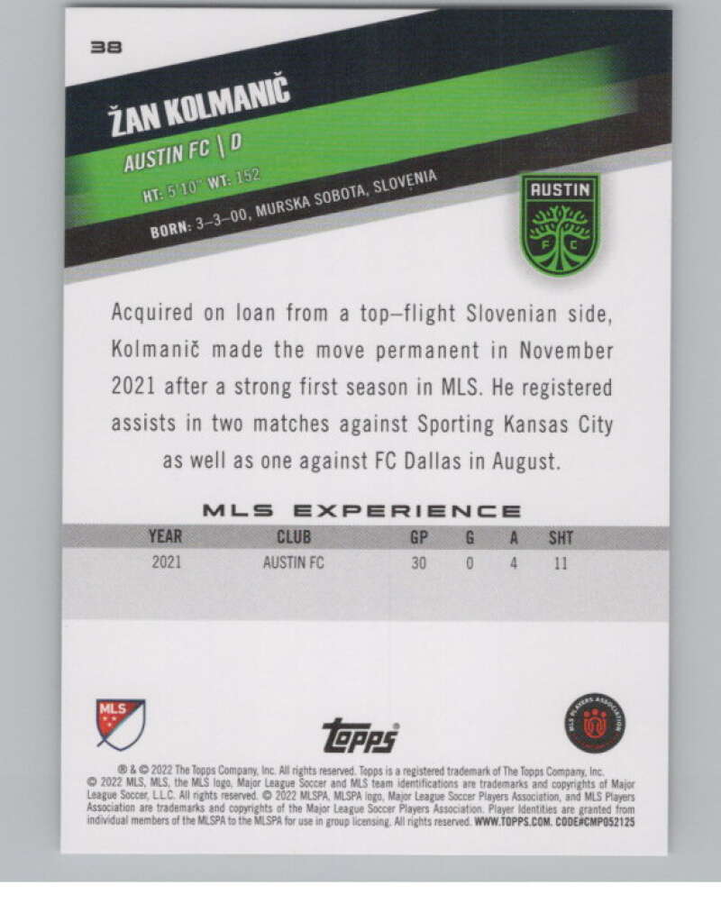2022 Topps MLS Soccer #38 Zan Kolmanic  RC Rookie Austin FC  V97571 Image 2