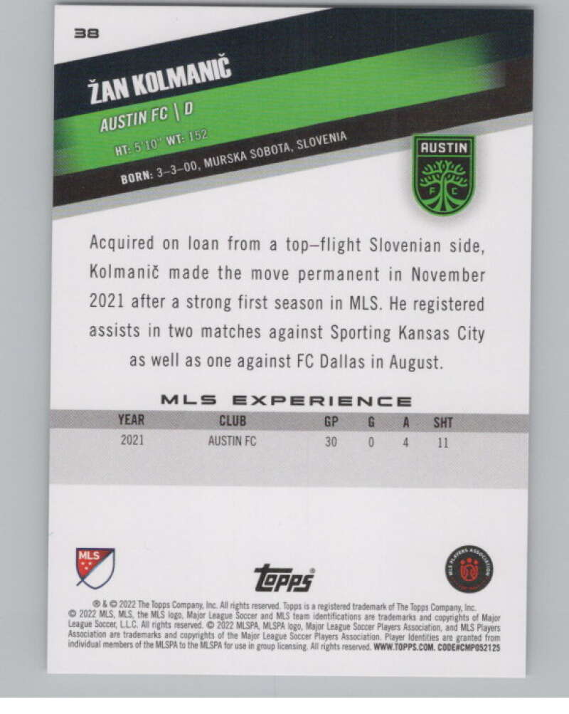 2022 Topps MLS Soccer #38 Zan Kolmanic  RC Rookie Austin FC  V97572 Image 2