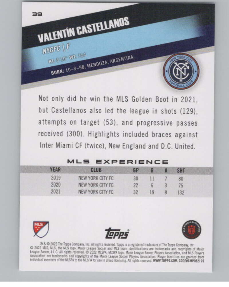 2022 Topps MLS Soccer #39 Valentin Castellanos  New York City FC  V97573 Image 2