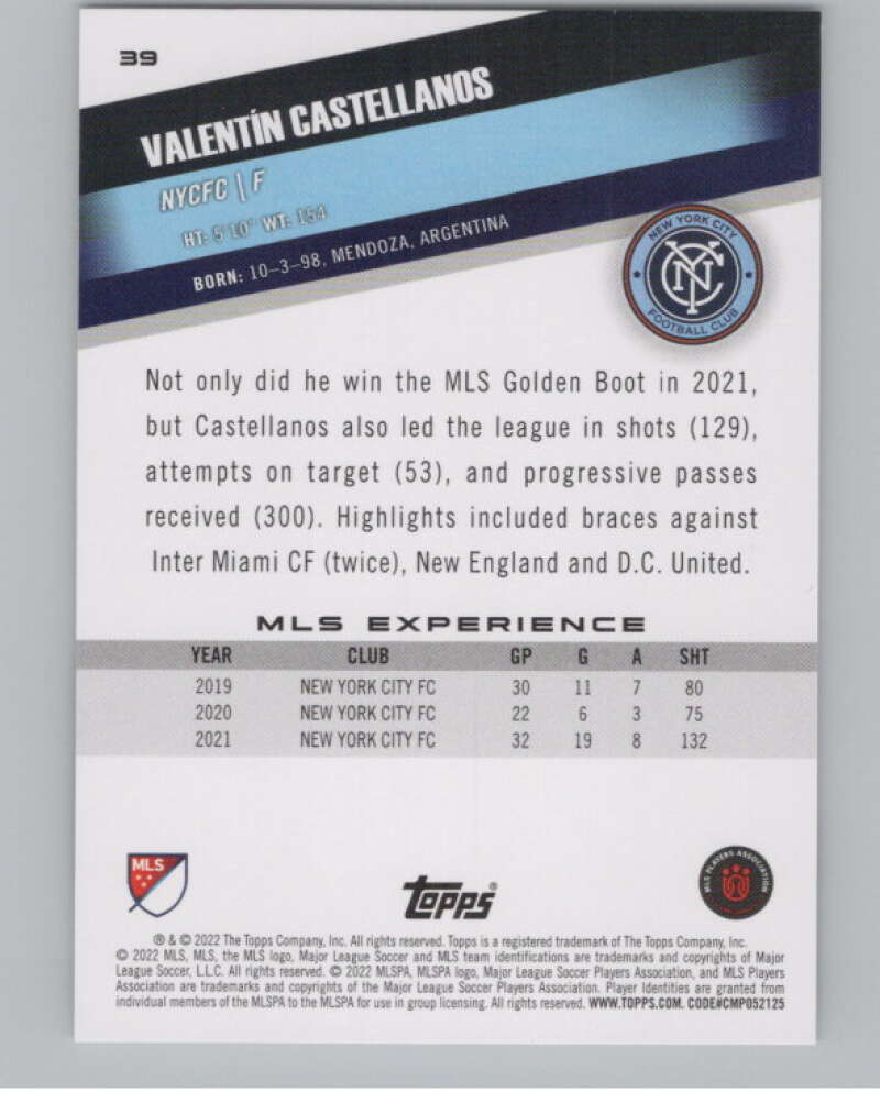 2022 Topps MLS Soccer #39 Valentin Castellanos  New York City FC  V97574 Image 2