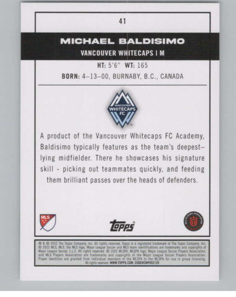 2022 Topps MLS Soccer #41 Michael Baldisimo  RC Rookie Vancouver  V97579 Image 2
