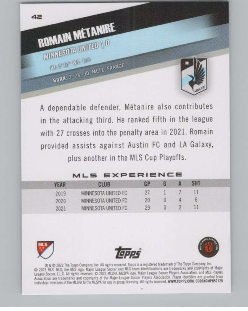 2022 Topps MLS Soccer #42 Romain Metanire  Minnesota United  V97580 Image 2