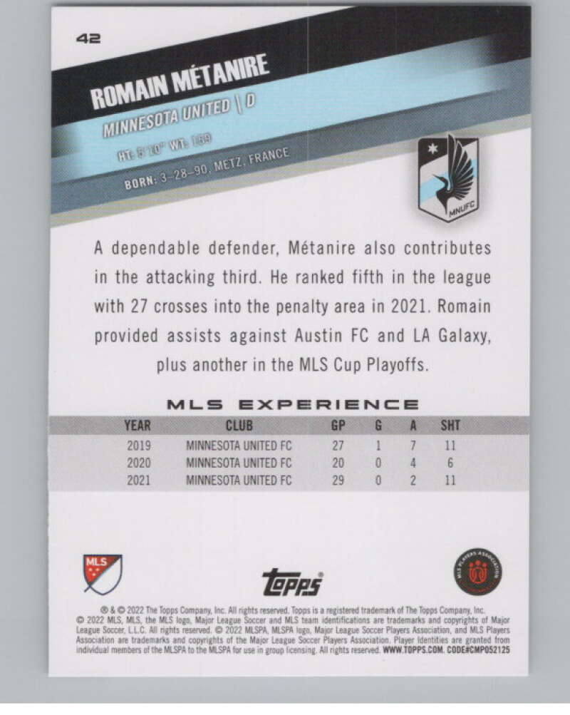 2022 Topps MLS Soccer #42 Romain Metanire  Minnesota United  V97581 Image 2