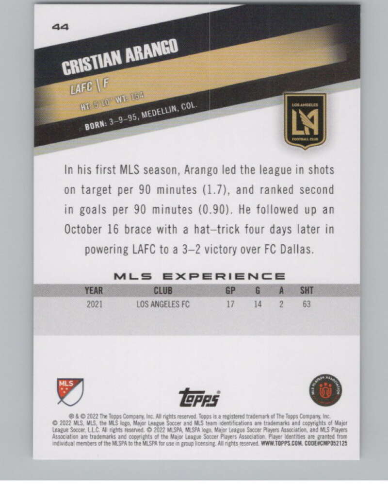 2022 Topps MLS Soccer #44 Cristian Arango  Los Angeles FC  V97585 Image 2