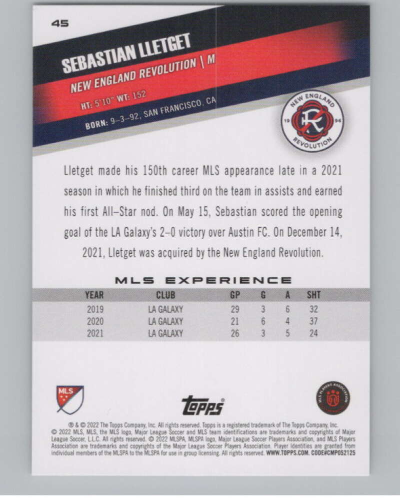 2022 Topps MLS Soccer #45 Sebastian Lletget  New England Revolution  V97586 Image 2