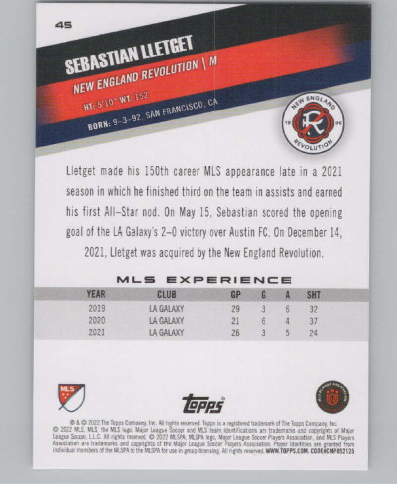 2022 Topps MLS Soccer #45 Sebastian Lletget  New England Revolution  V97587 Image 2