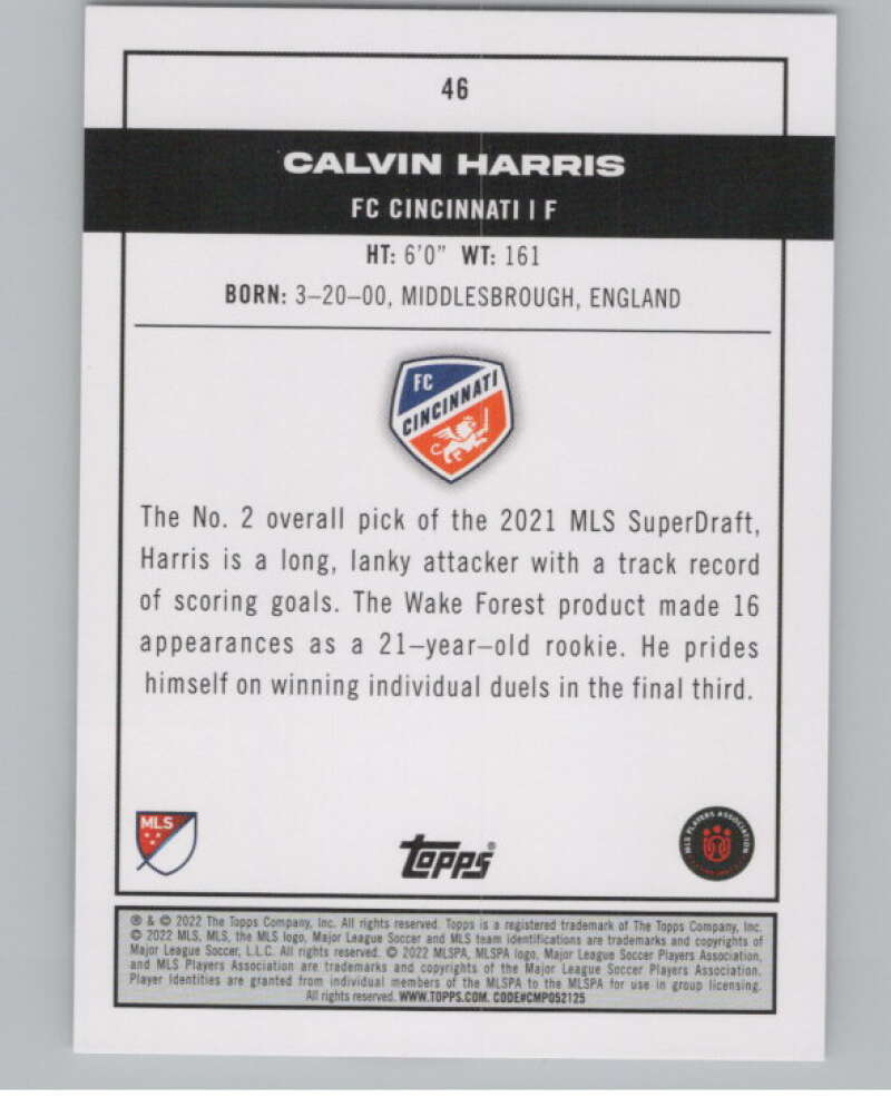 2022 Topps MLS Soccer #46 Calvin Harris  RC Rookie FC Cincinnati  V97588 Image 2