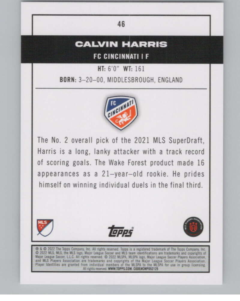 2022 Topps MLS Soccer #46 Calvin Harris  RC Rookie FC Cincinnati  V97589 Image 2