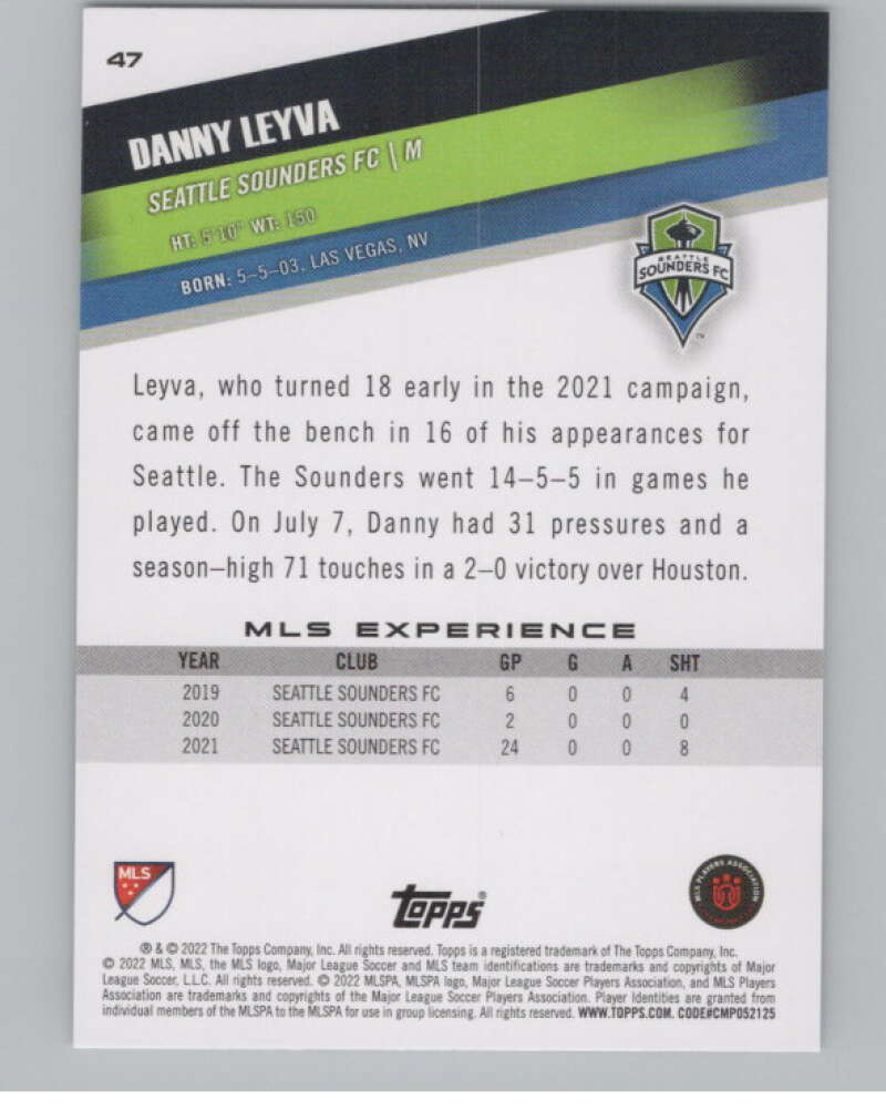 2022 Topps MLS Soccer #47 Danny Leyva  Seattle Sounders FC  V97590 Image 2