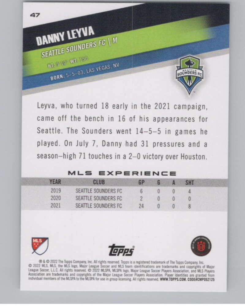 2022 Topps MLS Soccer #47 Danny Leyva  Seattle Sounders FC  V97591 Image 2