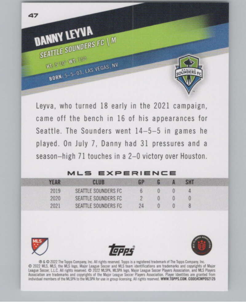 2022 Topps MLS Soccer #47 Danny Leyva  Seattle Sounders FC  V97592 Image 2