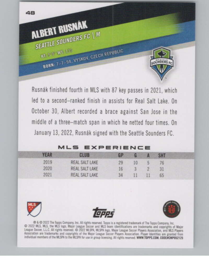 2022 Topps MLS Soccer #48 Albert Rusnak  Seattle Sounders FC  V97593 Image 2