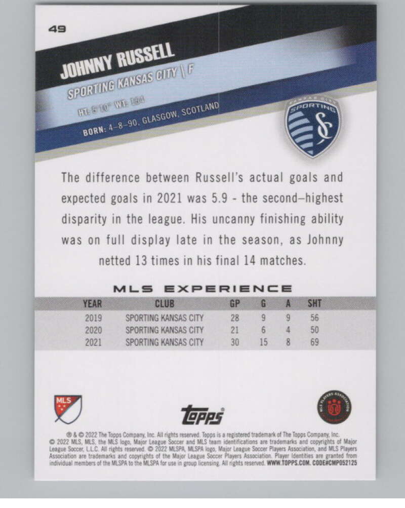 2022 Topps MLS Soccer #49 Johnny Russell  Sporting Kansas City  V97596 Image 2