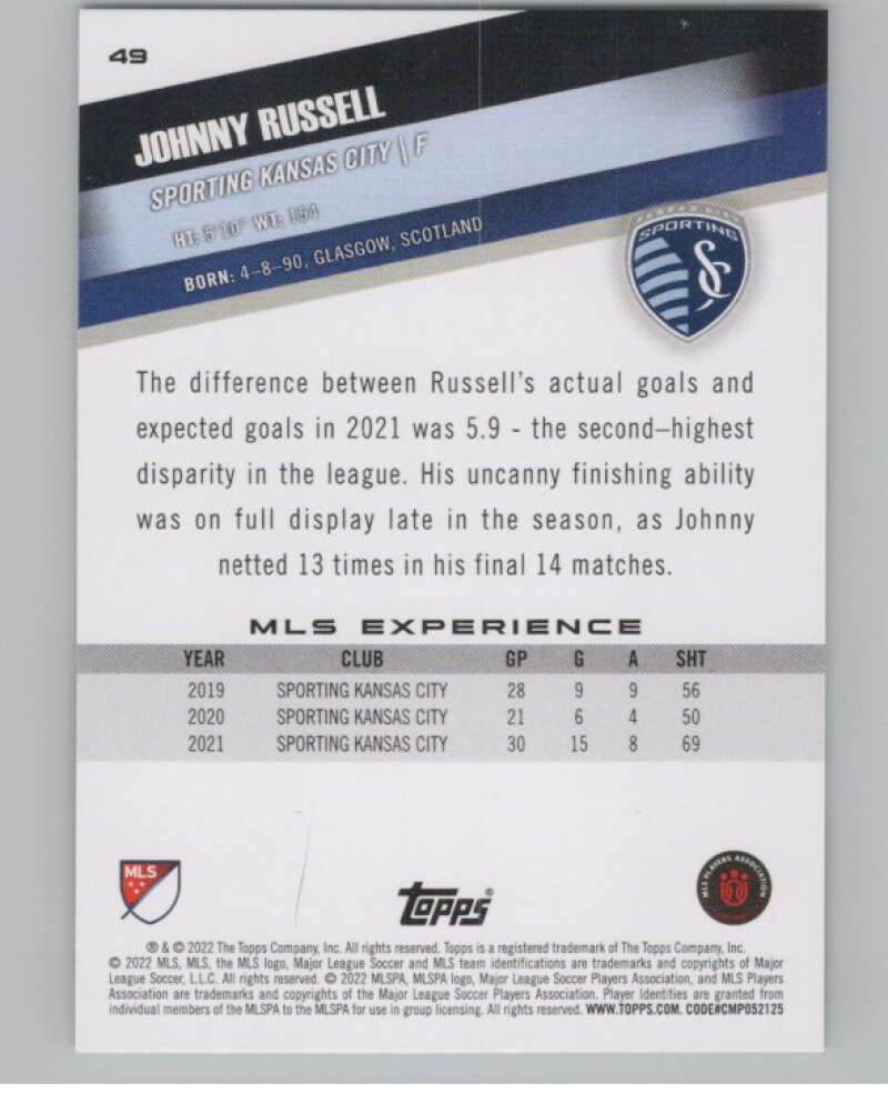 2022 Topps MLS Soccer #49 Johnny Russell  Sporting Kansas City  V97597 Image 2