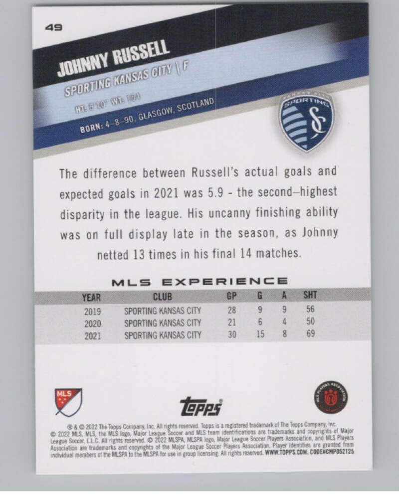 2022 Topps MLS Soccer #49 Johnny Russell  Sporting Kansas City  V97598 Image 2