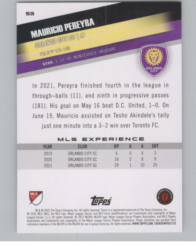 2022 Topps MLS Soccer #53 Mauricio Pereyra  Orlando City SC  V97608 Image 2