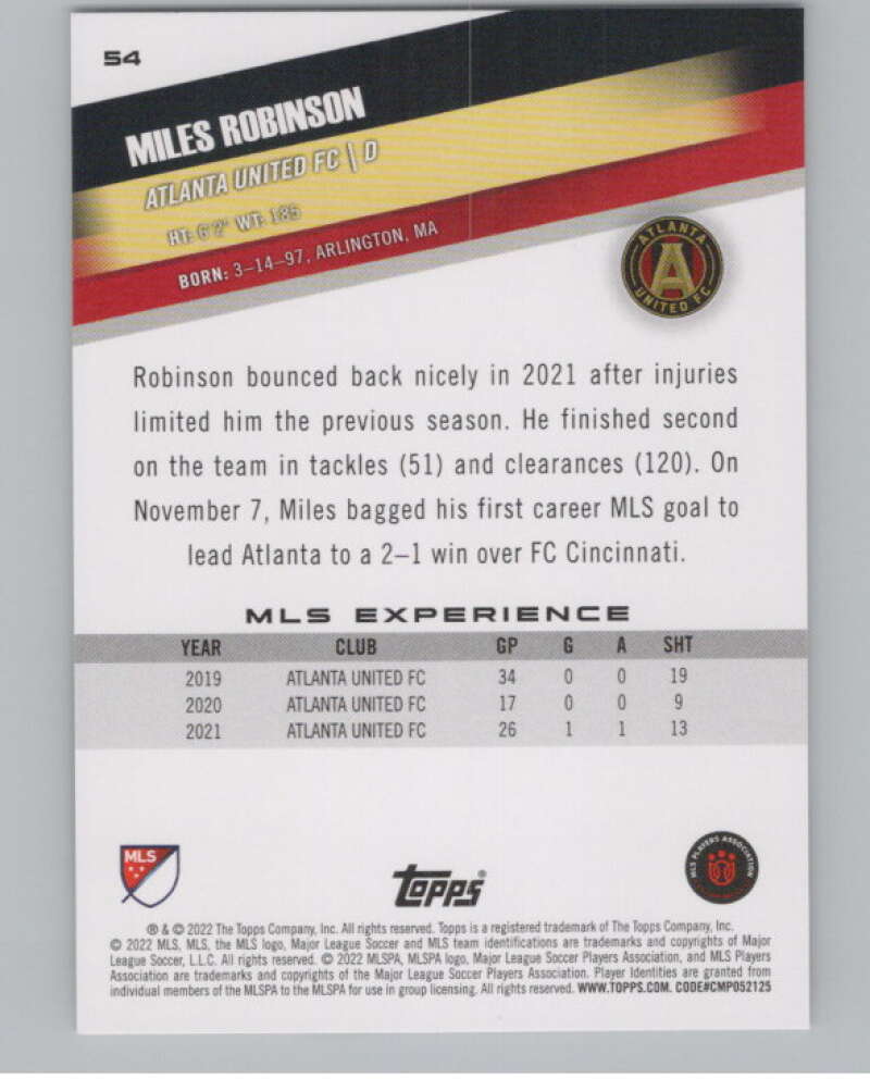 2022 Topps MLS Soccer #54 Miles Robinson  Atlanta United FC  V97610 Image 2
