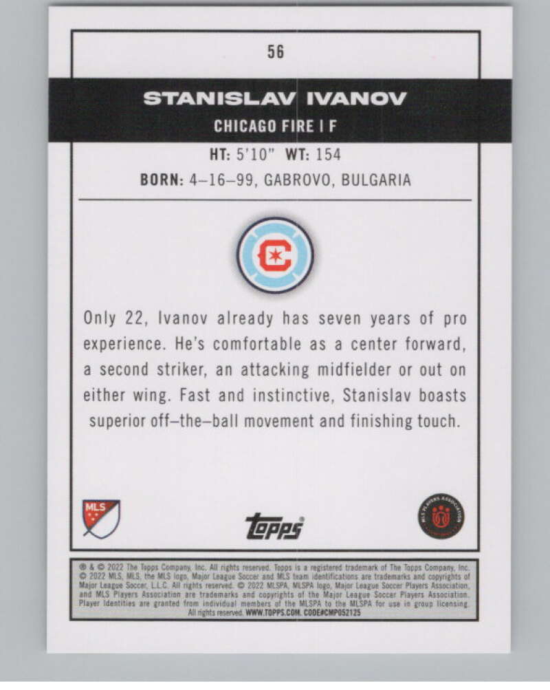 2022 Topps MLS Soccer #56 Stanislav Ivanov  RC Rookie Chicago Fire  V97615 Image 2