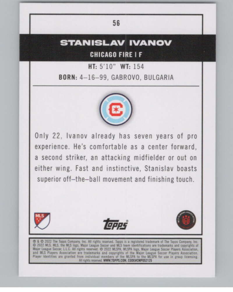 2022 Topps MLS Soccer #56 Stanislav Ivanov  RC Rookie Chicago Fire  V97616 Image 2
