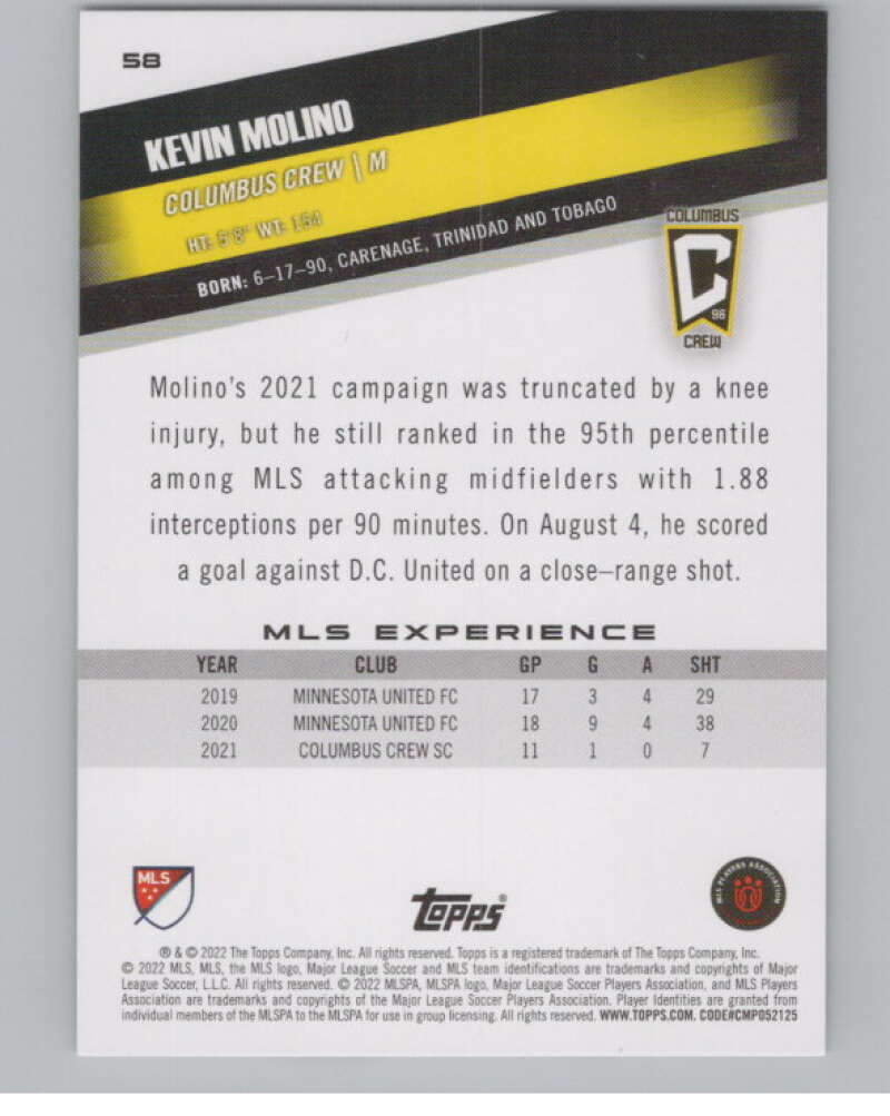 2022 Topps MLS Soccer #58 Kevin Molino  Columbus Crew  V97620 Image 2