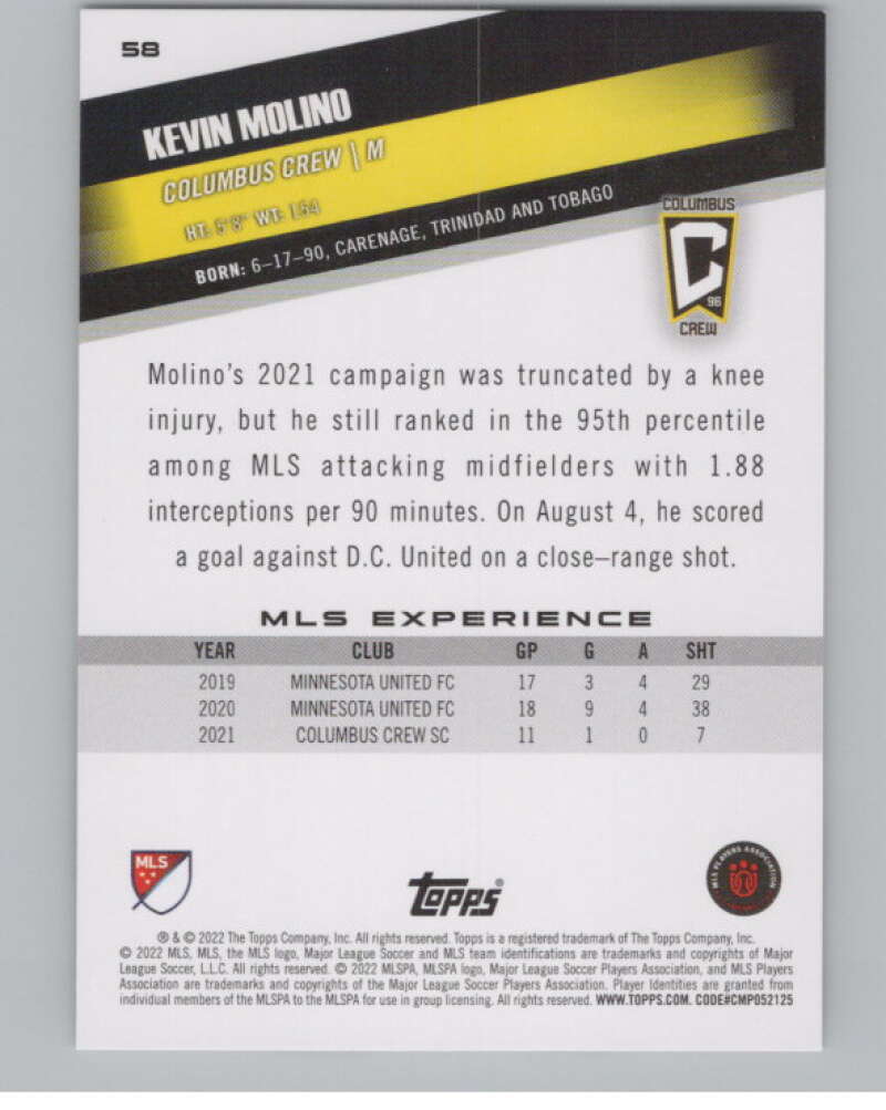 2022 Topps MLS Soccer #58 Kevin Molino  Columbus Crew  V97621 Image 2