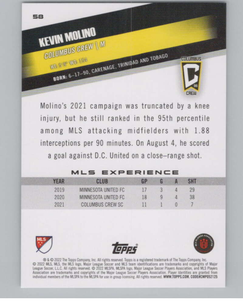2022 Topps MLS Soccer #58 Kevin Molino  Columbus Crew  V97622 Image 2