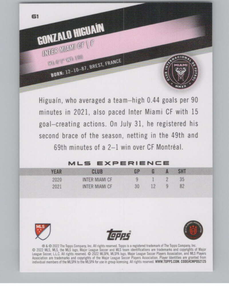 2022 Topps MLS Soccer #61 Gonzalo Higuain  Inter Miami CF  V97625 Image 2