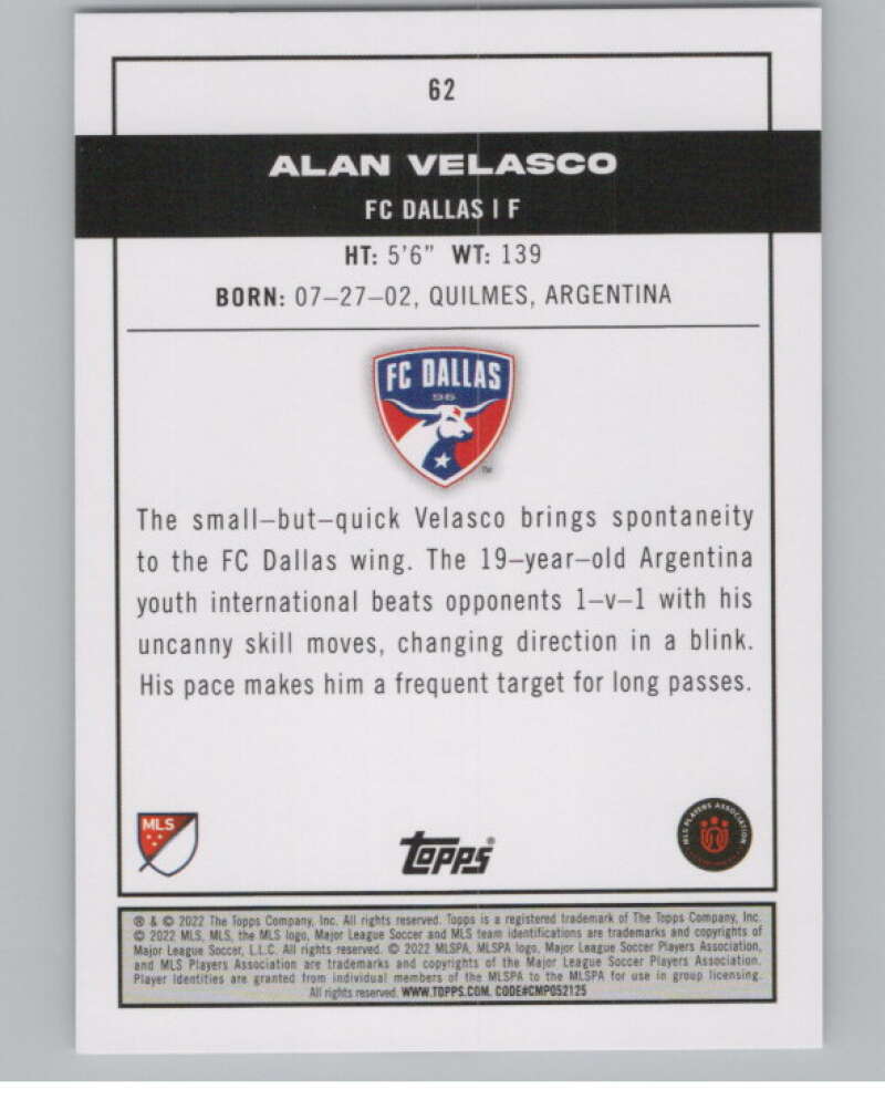 2022 Topps MLS Soccer #62 Alan Velasco  RC Rookie FC Dallas  V97627 Image 2