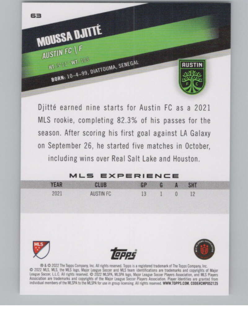 2022 Topps MLS Soccer #63 Moussa Djitte  RC Rookie Austin FC  V97630 Image 2