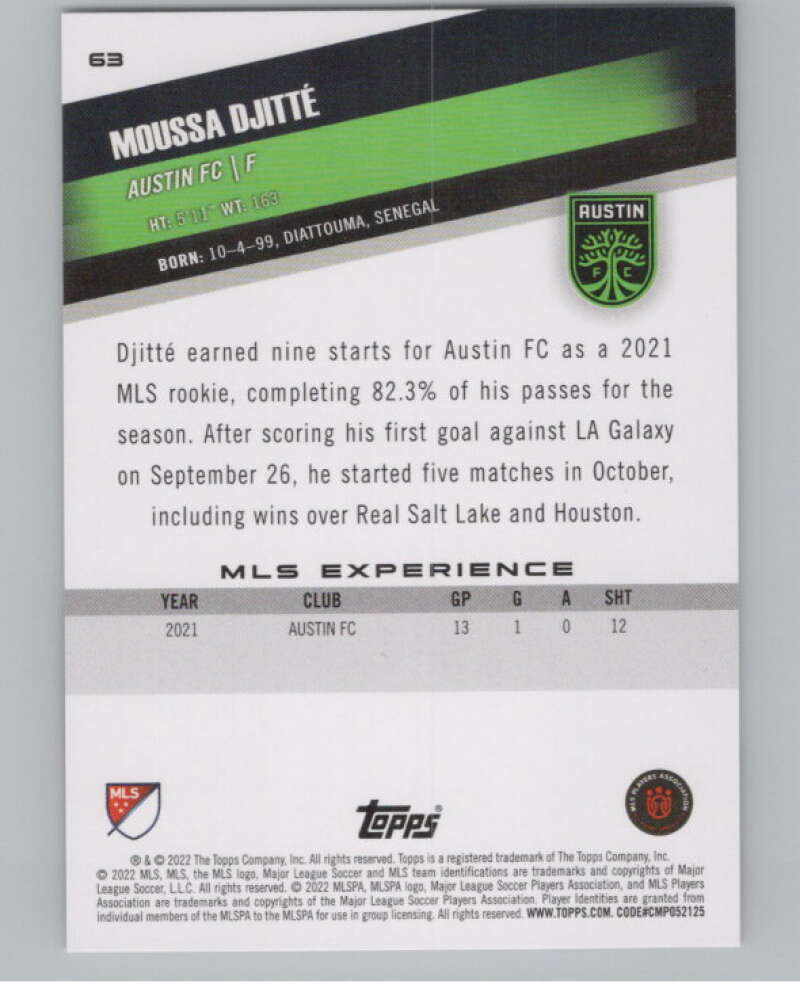 2022 Topps MLS Soccer #63 Moussa Djitte  RC Rookie Austin FC  V97631 Image 2