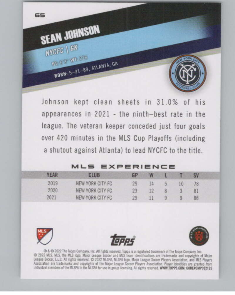 2022 Topps MLS Soccer #65 Sean Johnson  New York City FC  V97634 Image 2