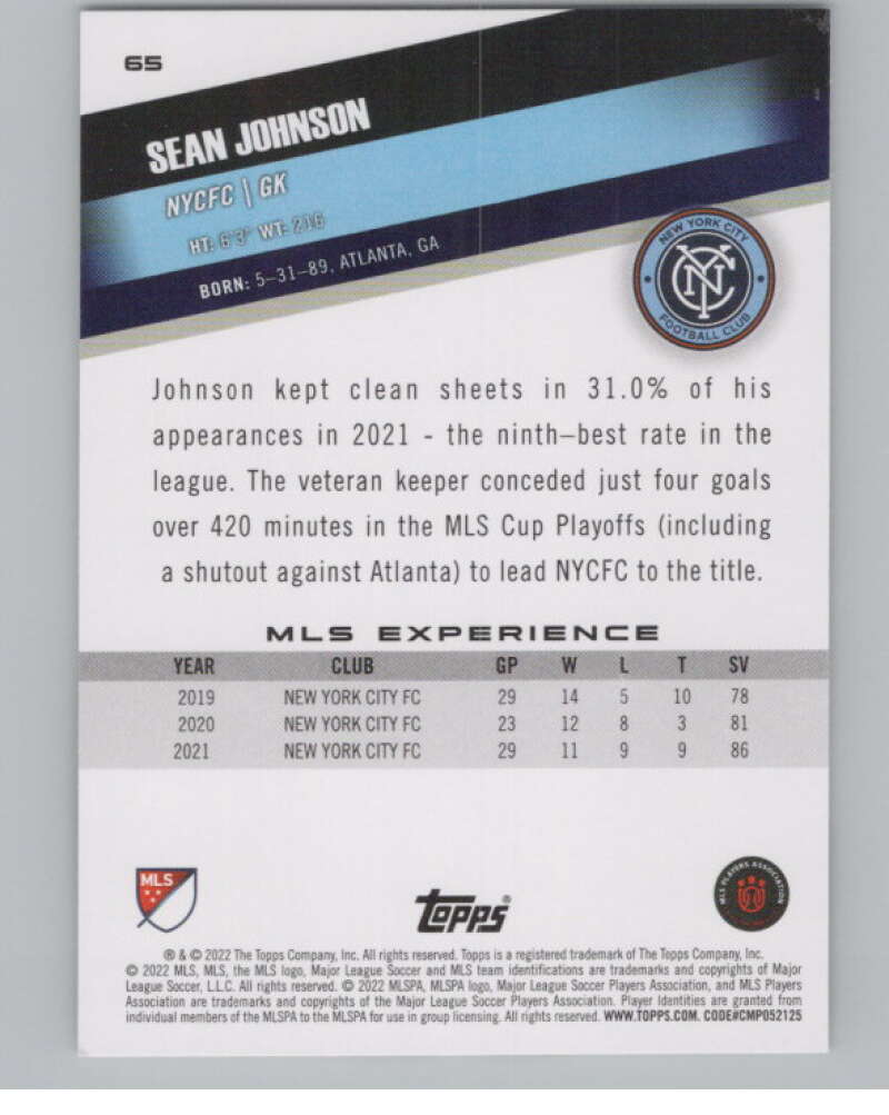 2022 Topps MLS Soccer #65 Sean Johnson  New York City FC  V97635 Image 2