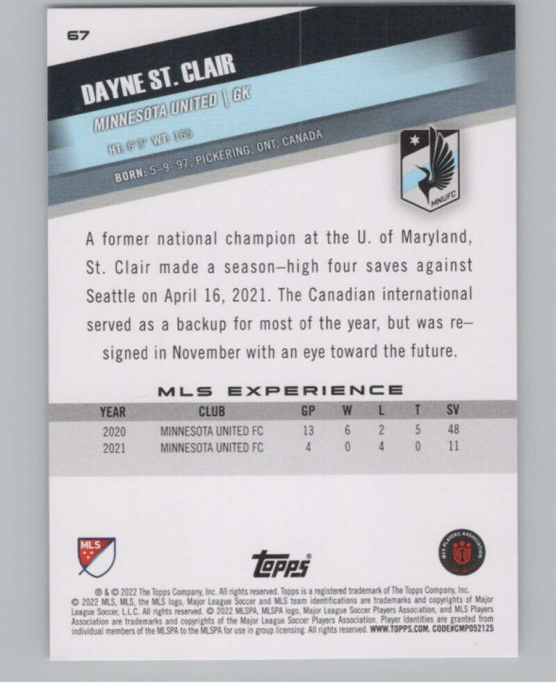 2022 Topps MLS Soccer #67 Dayne St. Clair  Minnesota United  V97639 Image 2