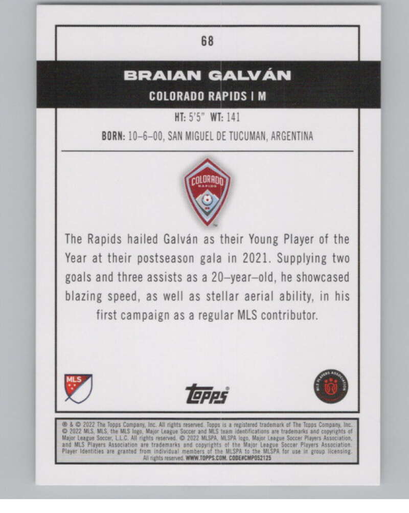 2022 Topps MLS Soccer #68 Braian Galvan  RC Rookie Colorado Rapids  V97642 Image 2